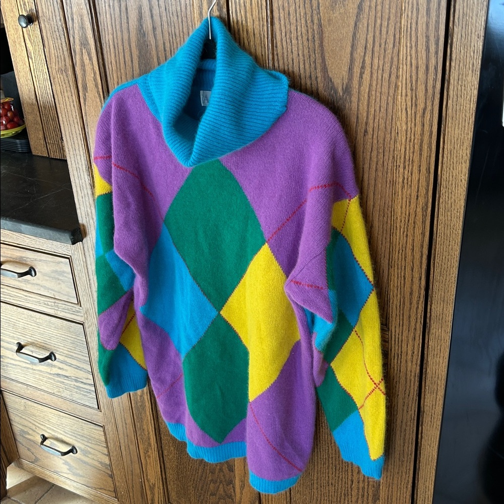 Vintage‎ Aziza Argyle Lambswool Angora Sweater Turtleneck Oversized - Picture 2 of 4